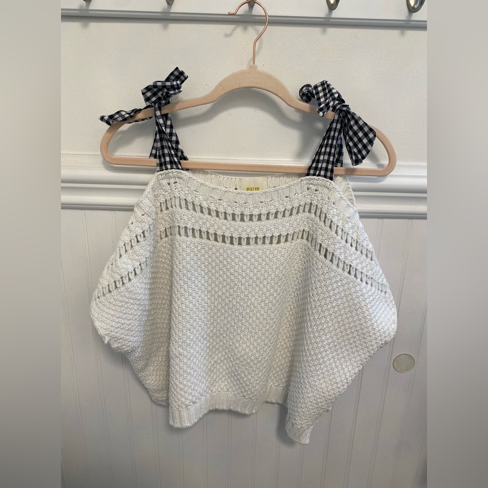 Maeve Off-the-Shoulder Sweater with Black Gingham Straps